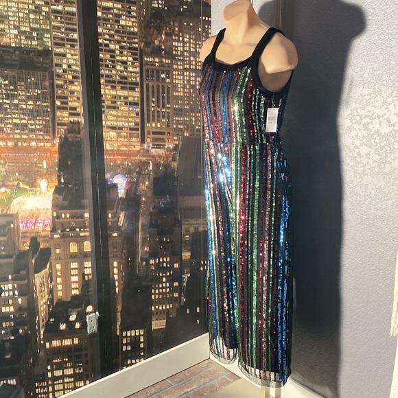 KNIT WORKS - NWT - jumpsuit: black lined mesh w 🌈 sequins & velvet straps - 16 - Picture 9 of 16